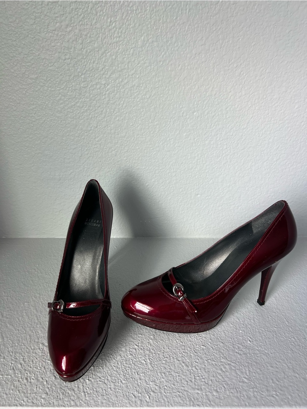 Stuart Weitzman Burgundy Patent Heeled Pumps with Decorative Strap
